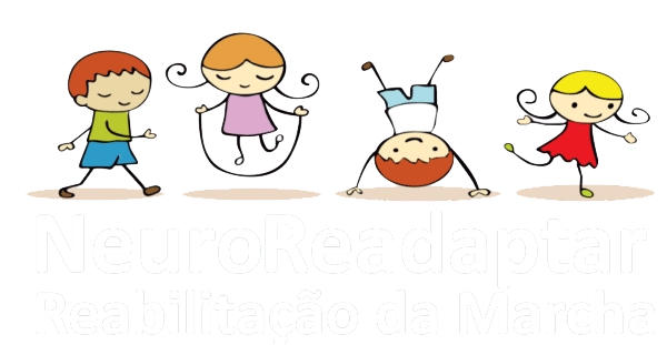 Ilustração infantil com quatro personagens brincando de reabilitação e o texto “NeuroReadaptar Reabilitação da Marcha” na cor branca.