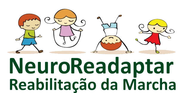 Ilustração infantil com quatro personagens brincando de reabilitação e o texto “NeuroReadaptar Reabilitação da Marcha”.