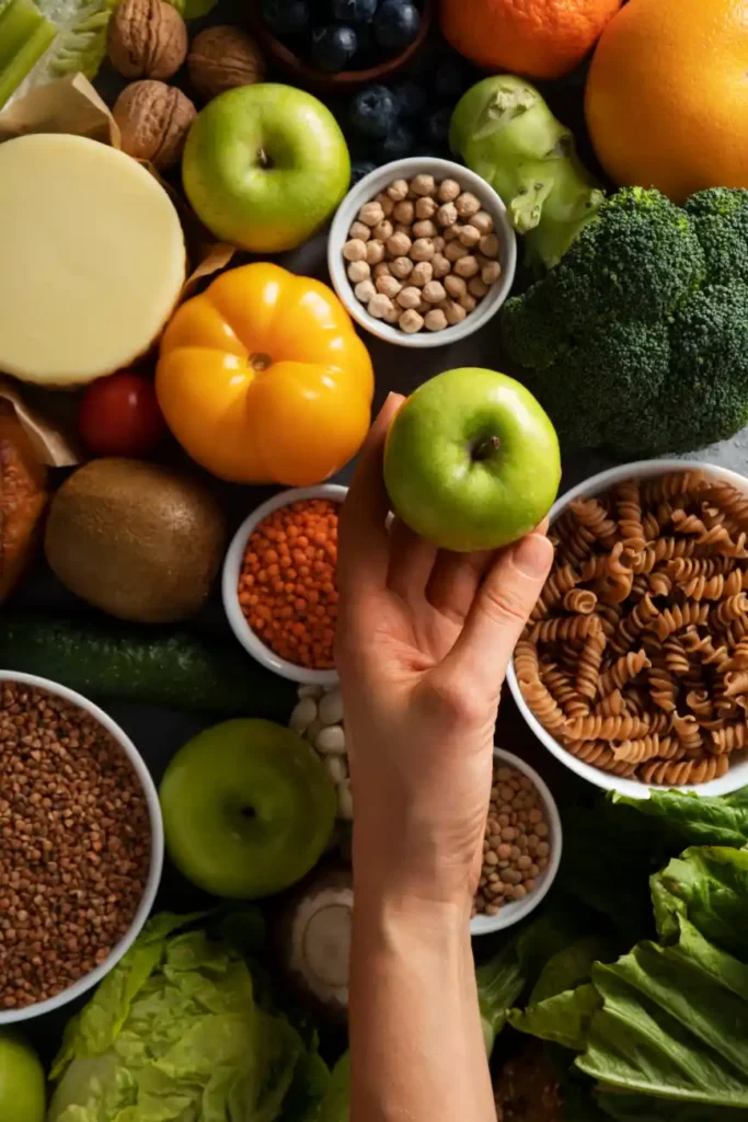 Mão segurando uma maçã verde entre alimentos naturais em uma bancada: tigelas com grãos e lentilhas, brócolis, folhas verdes e legumes coloridos ao redor.