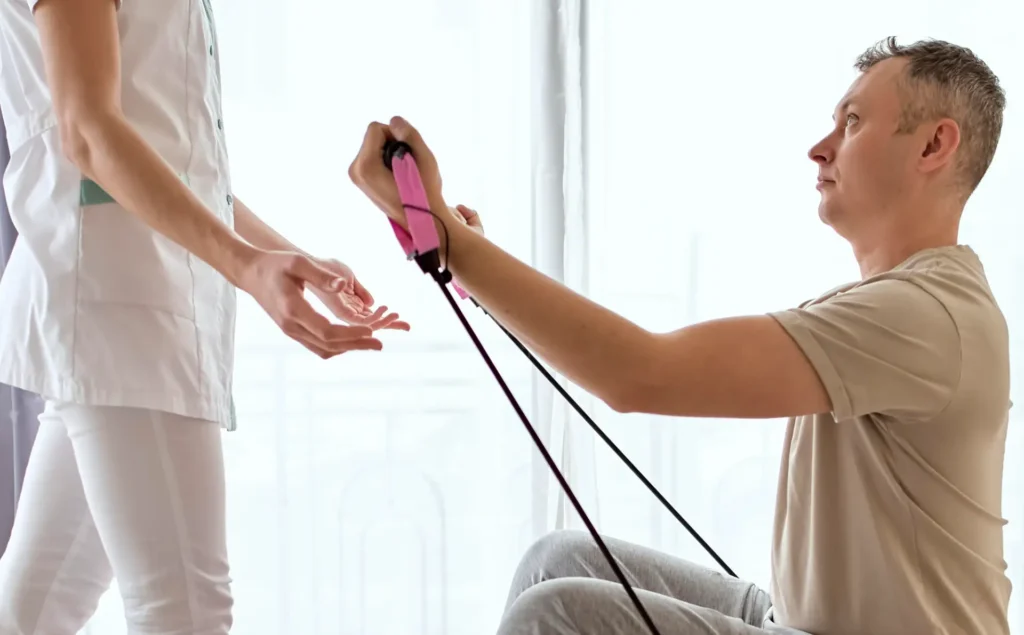 Fisioterapeuta em ambiente clínico aplica alongamento e mobilidade usando elástico de resistência em paciente sentado, auxiliando na reabilitação e prevenção de lesões.