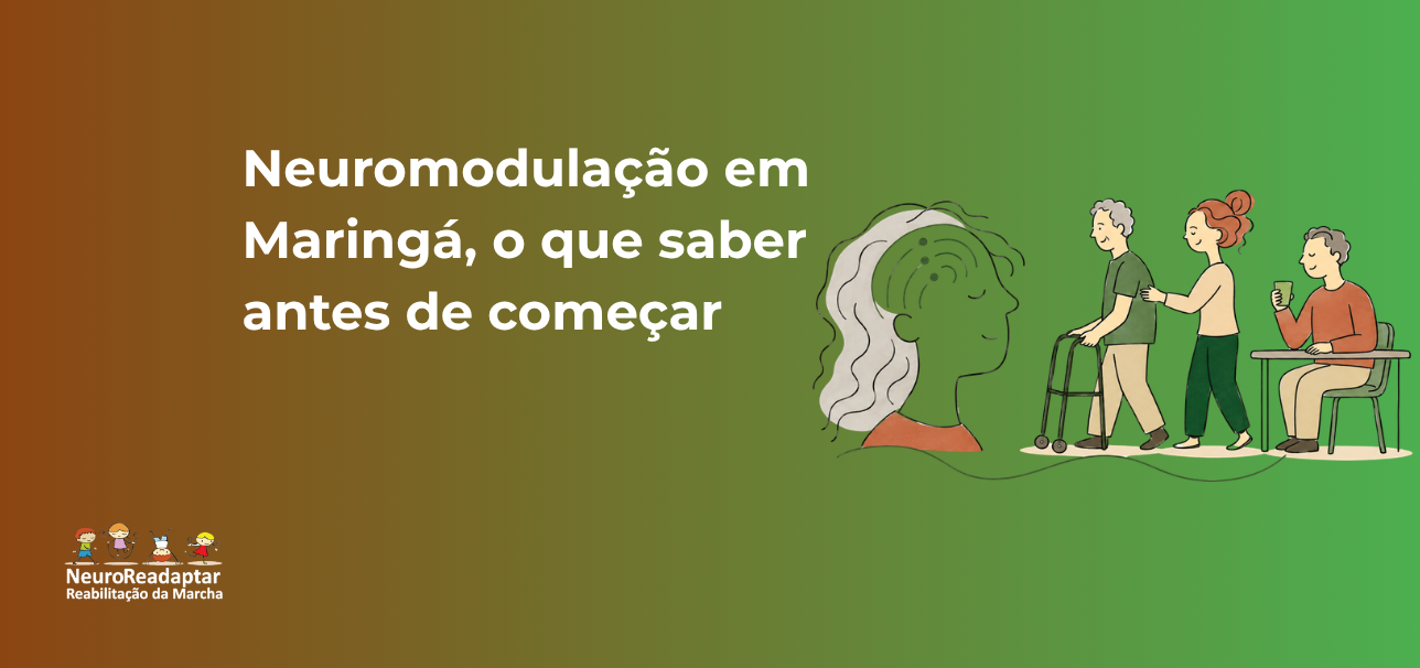 Ilustração sobre como escolher uma clínica de autismo em Maringá, com uma família em frente a estabelecimentos, marcadores de localização e texto informativo na imagem.