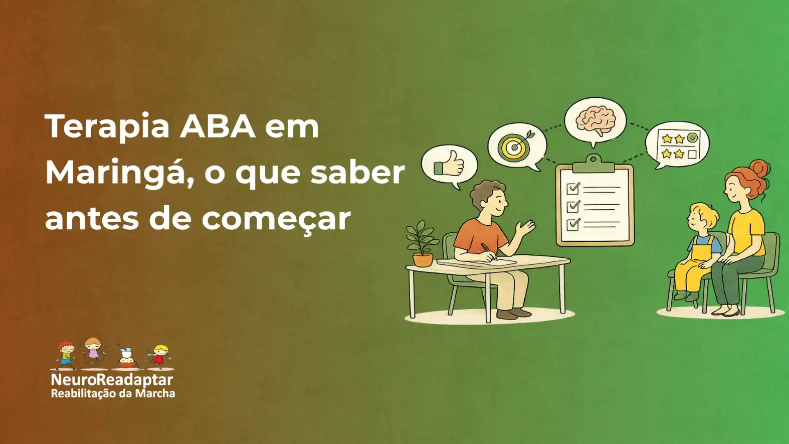 Banner com ilustração sobre Terapia ABA em Maringá: terapeuta em atendimento, família sentada e ícones de comunicação, checklists e feedback, com texto informativo e logo NeuroReadaptar.