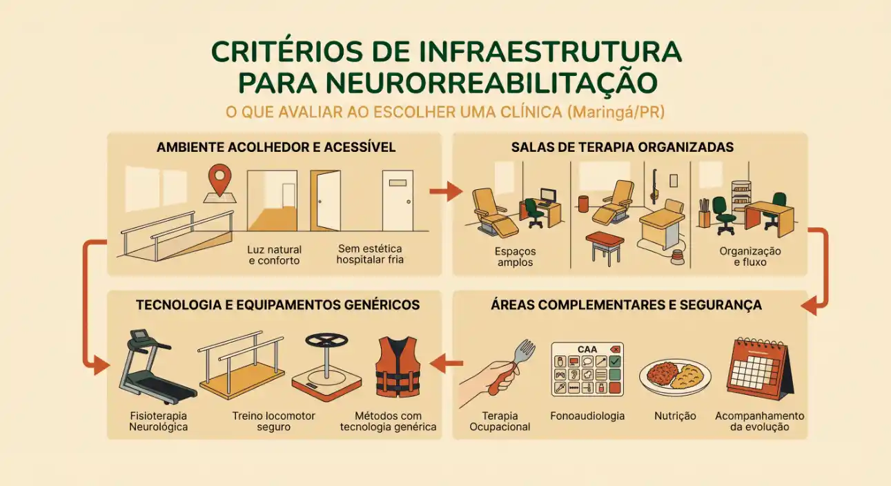 Infográfico com o tema “Critérios de infraestrutura para neurorreabilitação”, mostrando o que avaliar em uma clínica: ambiente acessível, salas de terapia organizadas, tecnologia e equipamentos genéricos e áreas complementares com segurança e acompanhamento.