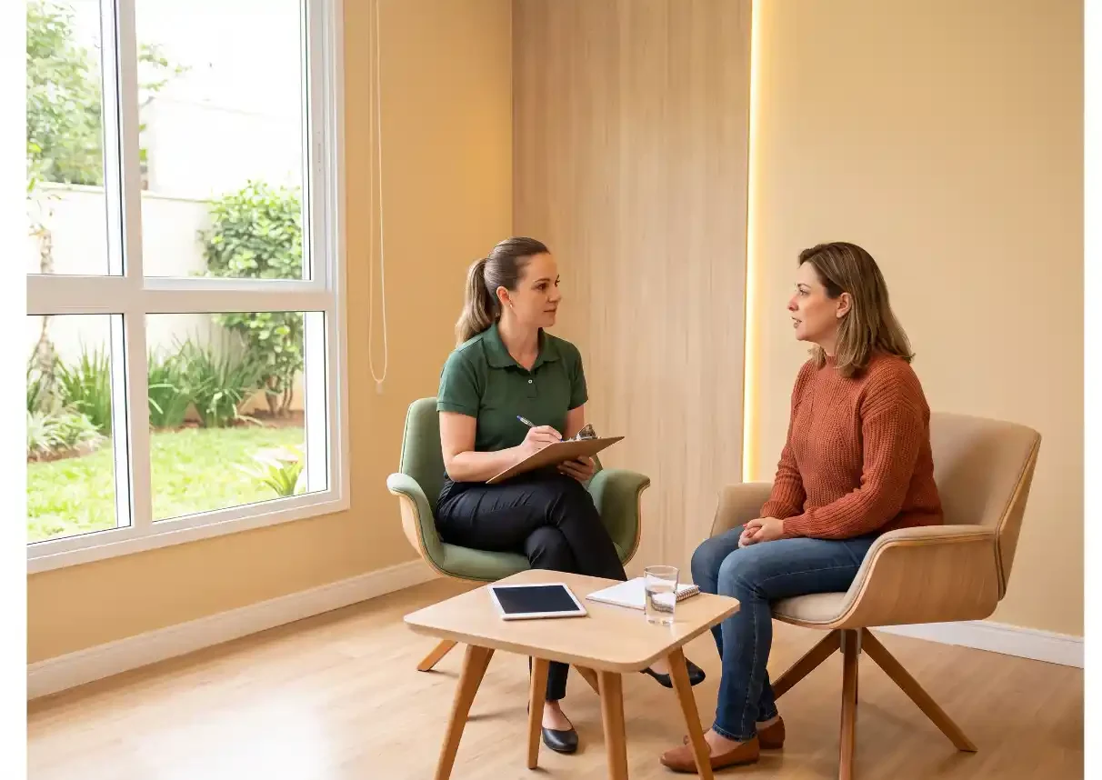 Duas mulheres conversando durante uma entrevista em um escritório moderno, com uma delas sentada em cadeira confortável e anotando em uma prancheta, enquanto a outra aguarda à mesa com laptop e copo d’água.