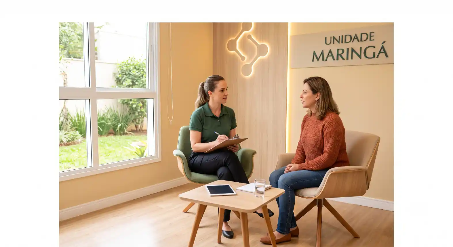 Duas pessoas conversam em uma sala de atendimento com decoração moderna, sentadas em poltronas frente a uma mesa com notebook e copo de água, em Unidade Maringá.