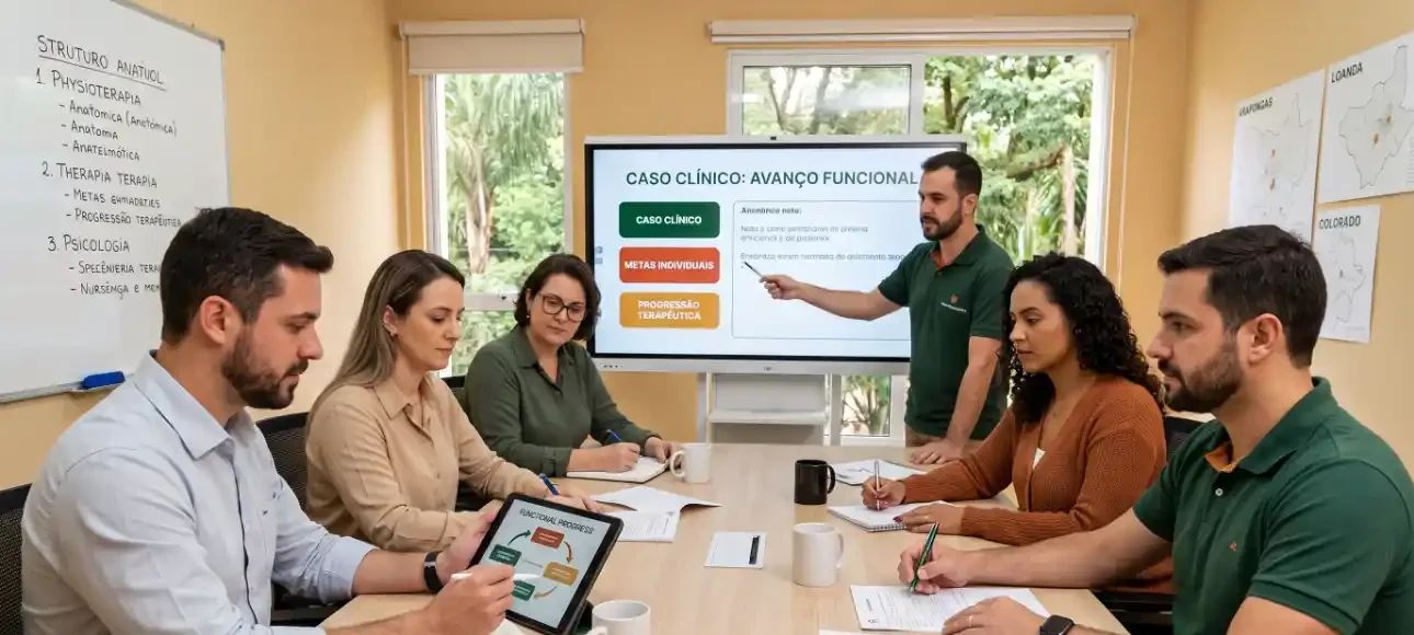 Equipe de profissionais reunida em sala de reunião, discutindo um caso clínico em um monitor com apresentações sobre avanço funcional e progresso terapêutico.