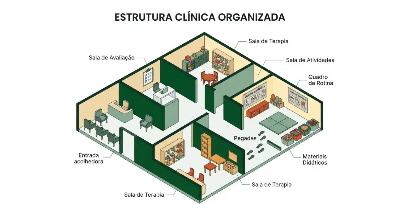 Ilustração isométrica da estrutura clínica organizada, com salas identificadas como sala de avaliação, sala de terapia, entrada acolhedora, sala de atividades, quadro de rotina e área de materiais didáticos, além de detalhes de equipamentos