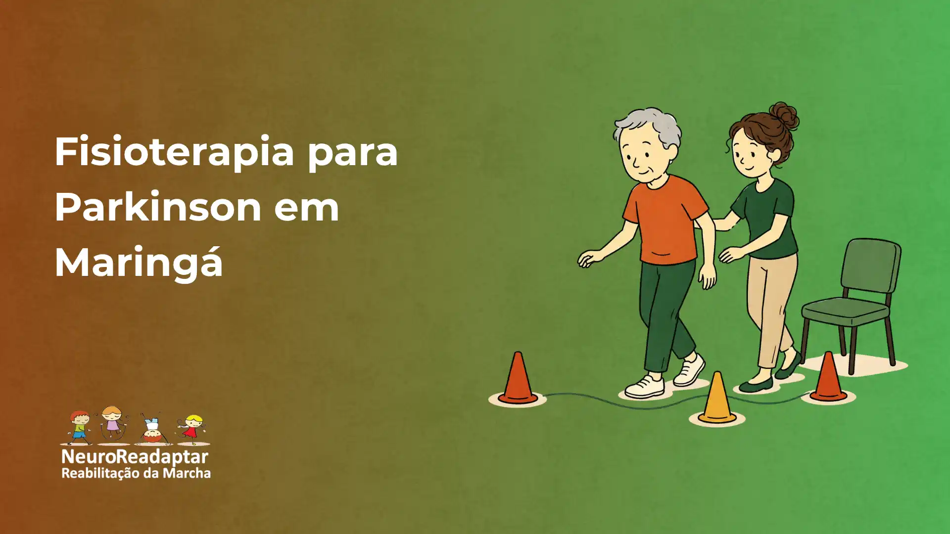 Ilustração de fisioterapia para Parkinson em Maringá, com dois pacientes realizando exercícios de equilíbrio em um ambiente verde, usando cones no chão e cadeira ao lado. Texto “NeuroReadaptar”.