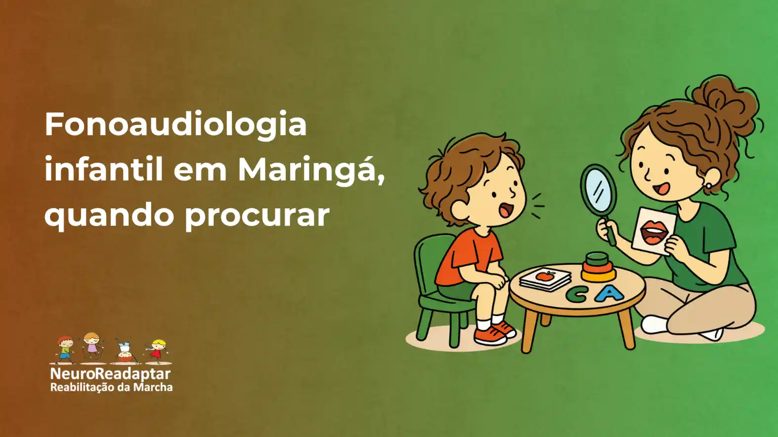 Ilustração para divulgação de fonoaudiologia infantil em Maringá, com duas crianças sentadas à mesa em um atendimento lúdico e texto explicativo sobre quando procurar