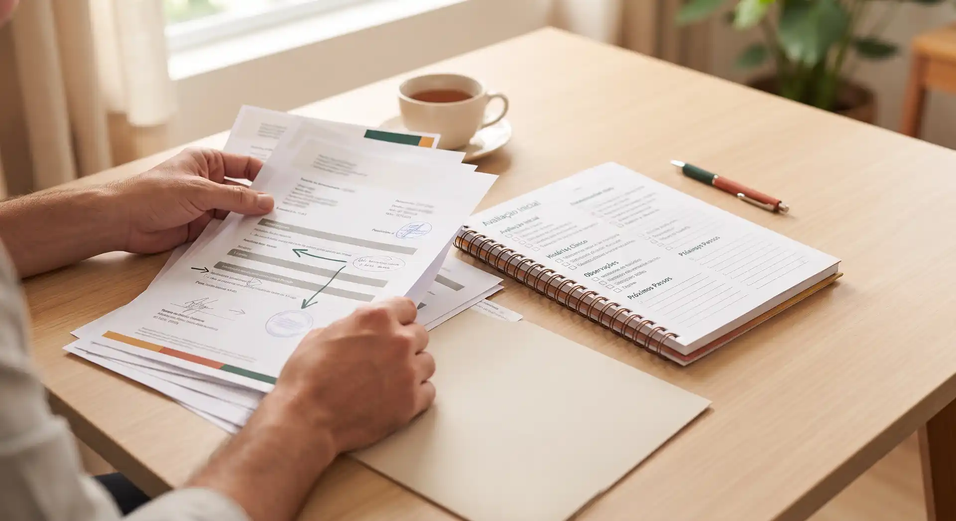 Homem analisando documentos e formulários em uma mesa de escritório, com anotações em um caderno com espiral, lápis e xícara ao fundo, sugerindo reunião ou processo administrativo.