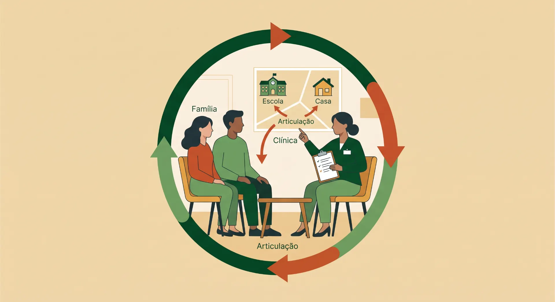 Ilustração em círculo mostrando articulação entre família, escola, casa e clínica, com duas pessoas conversando e um profissional orientando, conectados por setas em vermelho e verde.