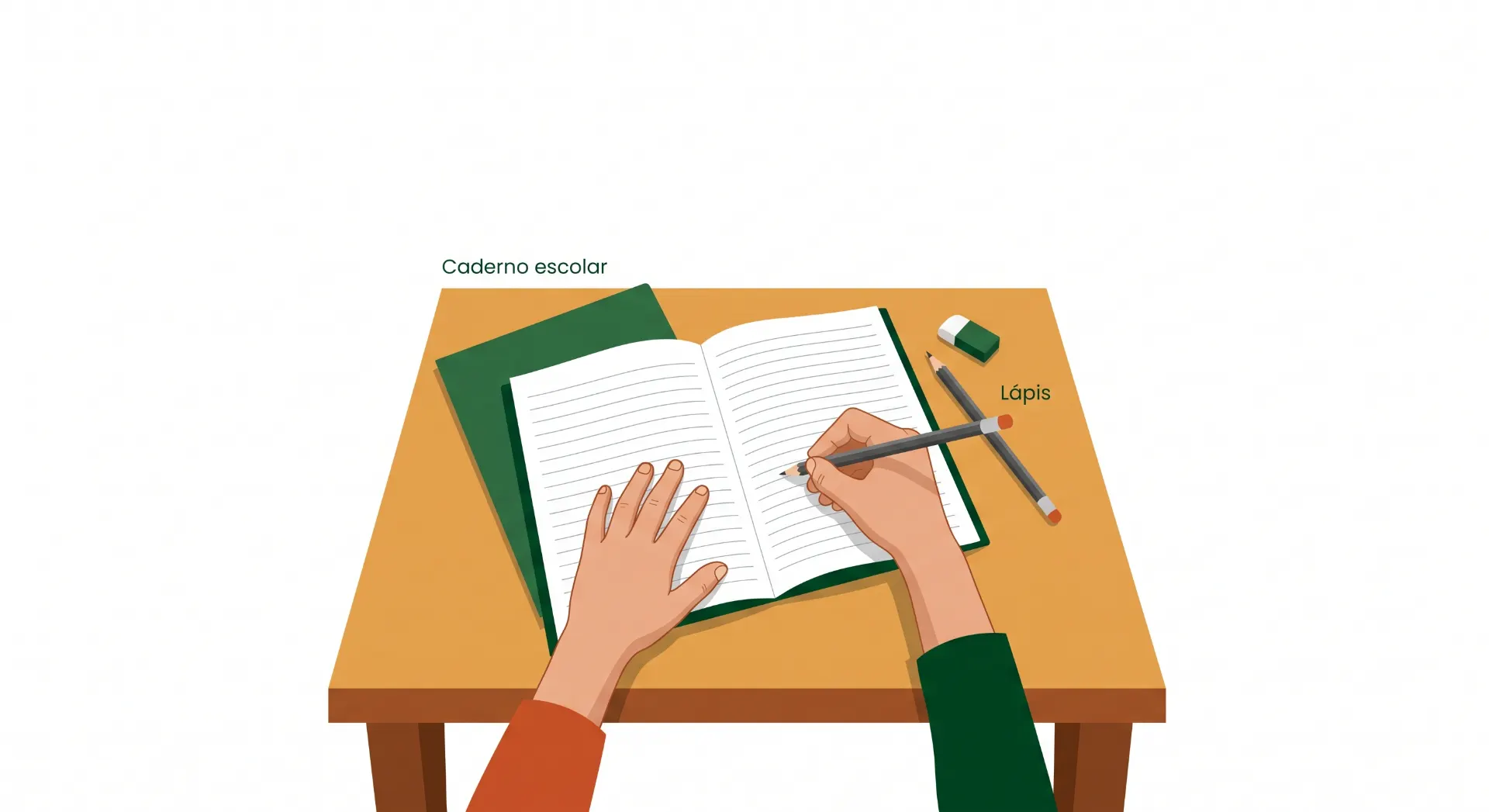 Ilustração de caderno escolar aberto sobre mesa, com mão escrevendo e lápis ao lado, mostrando caderno e material de estudo para crianças em ambiente didático.