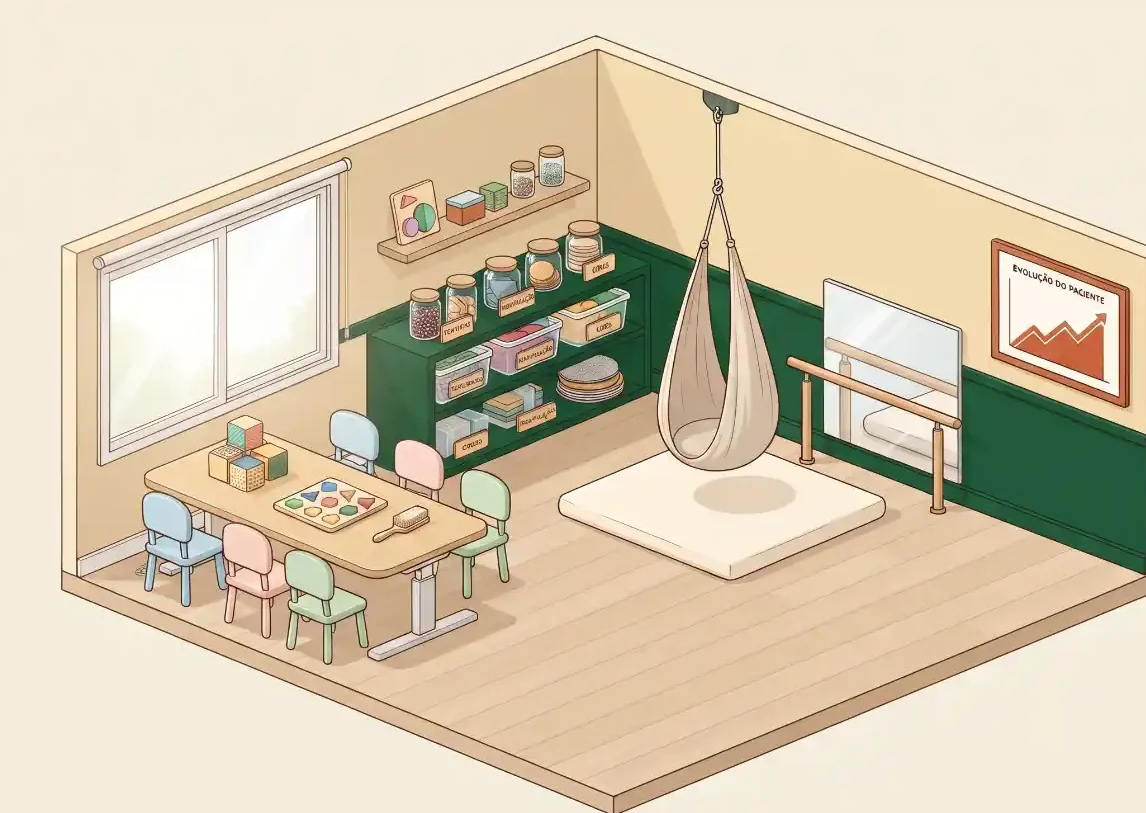 Ilustração de uma clínica fisioterapêutica com sala de atendimento: mesa com instrumentos, cadeiras, armários com produtos, bancada verde e um saco de pancadas suspenso, além do painel NeuroReadaptar.