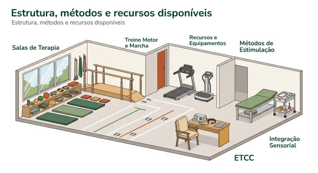 Ilustração de uma estrutura de clínica com salas de terapia, treino motor e marcha, recursos e equipamentos de estimulação e integração sensorial, incluindo ETCC.