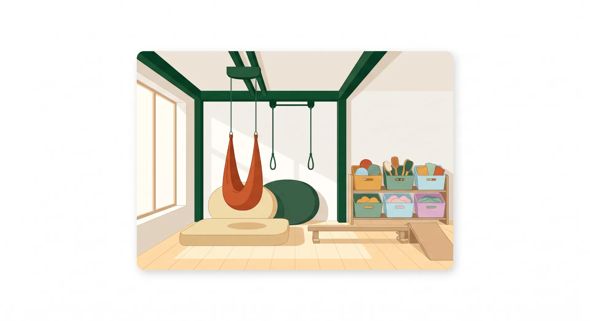 Ilustração em estilo vetorial de um consultório ou estúdio com maca central, almofadas, postura relaxante, cordas com acessórios e armário organizado com gavetas e itens