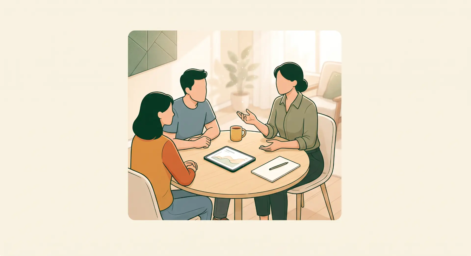 Ilustração de uma família reunida à mesa da sala, conversando e usando tablet, com xícara e cadernos sobre o tampo, em clima aconchegante.