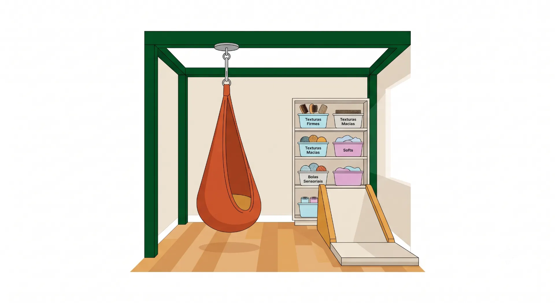 Ilustração em estilo desenho de um ginásio infantil com saco de pancadas laranja suspenso e um suporte de escalada com corda, ao lado de armário de armazenamento.