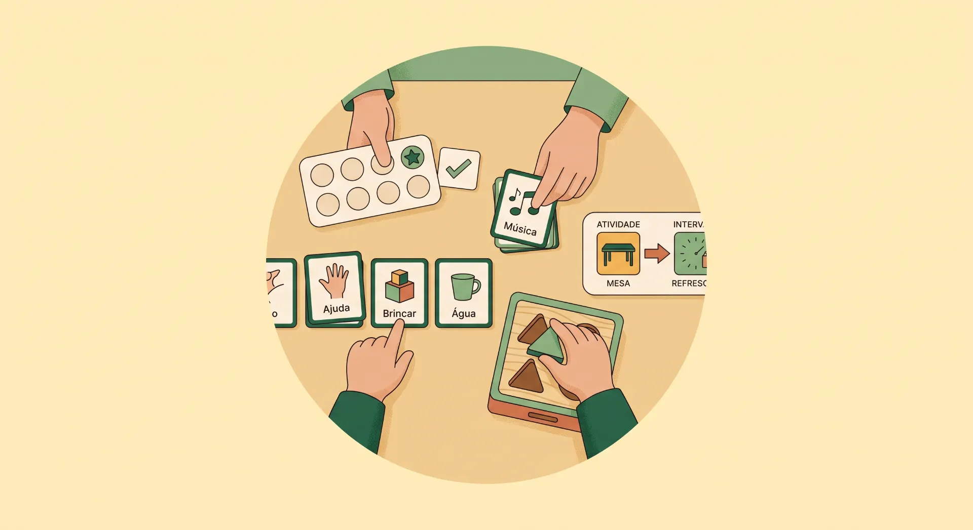 Ilustração em estilo flat com pessoas interagindo com cartões e ícones que representam atividades, como música, ajuda, brincar, água e mesa, em um arranjo circular.