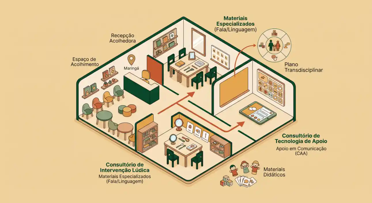 Ilustração em estilo isométrico de uma instituição com áreas rotuladas como recepção acolhedora, espaço de acolhimento, consultórios e materiais didáticos, mostrando o fluxo de atendimento e apoio