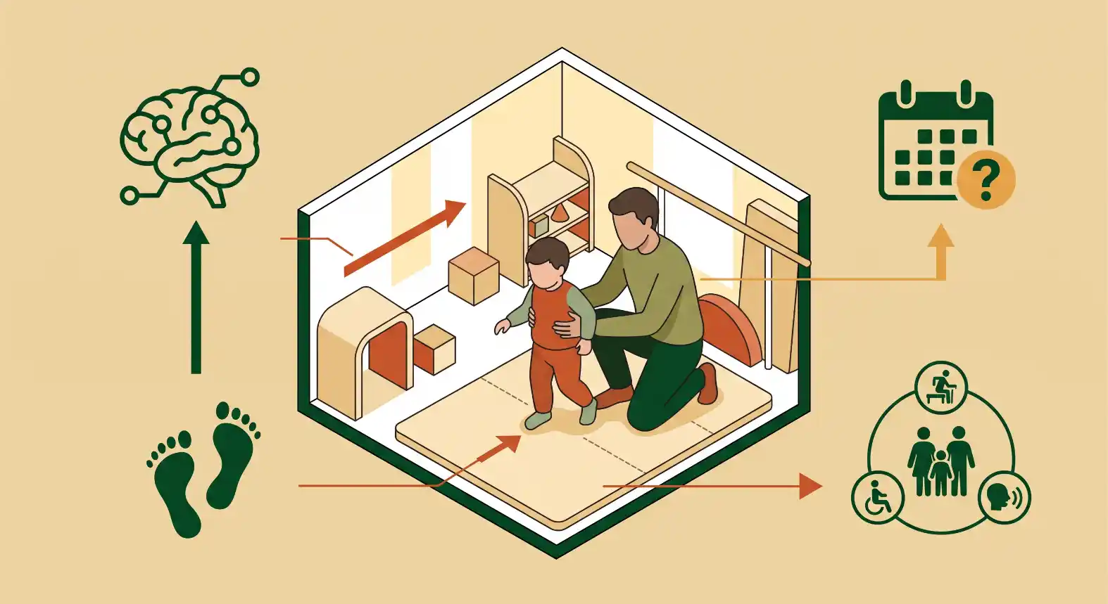 Ilustração em perspectiva de um pai e um filho dentro de uma casa, mostrando setas e ícones sobre segurança, acessibilidade, saúde e cuidados no ambiente residencial.
