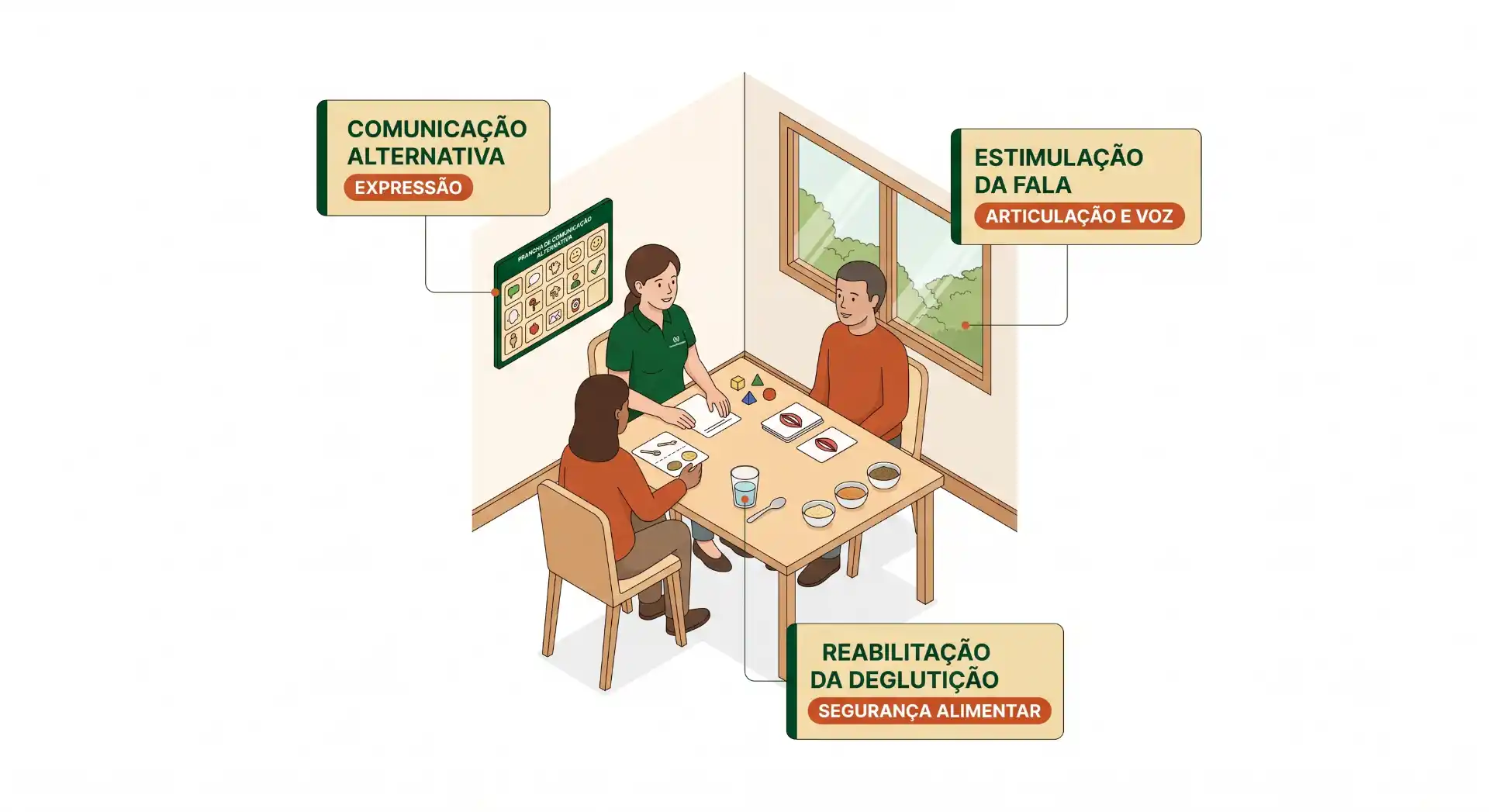 Ilustração de reabilitação em equipe com paciente sentado à mesa, profissional aplicando comunicação alternativa e exercícios de estimulação da fala, com foco em articulação e deglutição, segurança alimentar e terapia guiada em ambiente clínico.