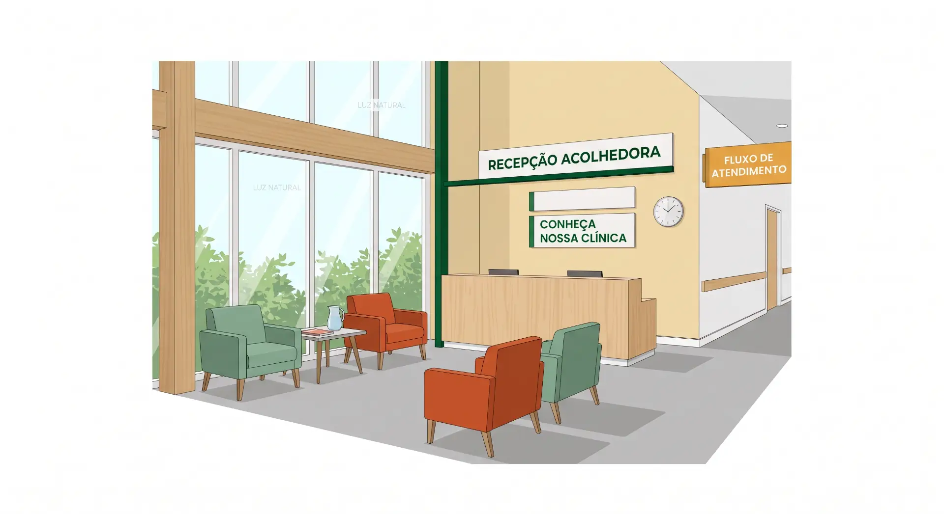 Ilustração de recepção de clínica com móveis modernos: poltronas em tons verdes e laranja, mesa lateral e balcão de atendimento ao fundo. Placa “Recepção Acolhedora”.