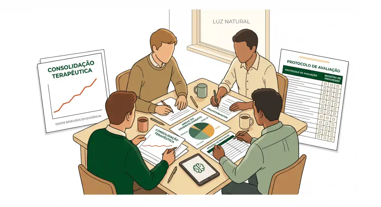 Ilustração de reunião em equipe com profissionais analisando gráficos e documentos, incluindo um cartaz com “Consolidação Terapêutica” e uma tela com “Protocolo de Avaliação” sobre mesa.