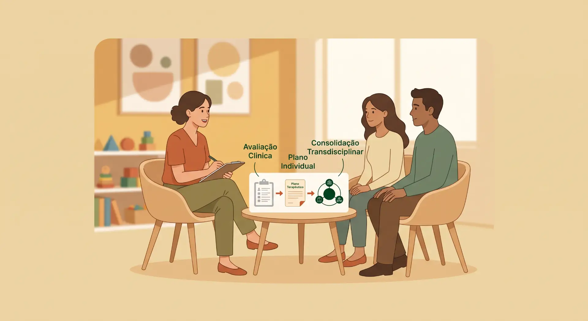 Ilustração de duas pessoas e uma profissional conversando em volta de uma mesa, com diagramas de planejamento e consolidação transdisciplinar do atendimento, em um ambiente escolar.
