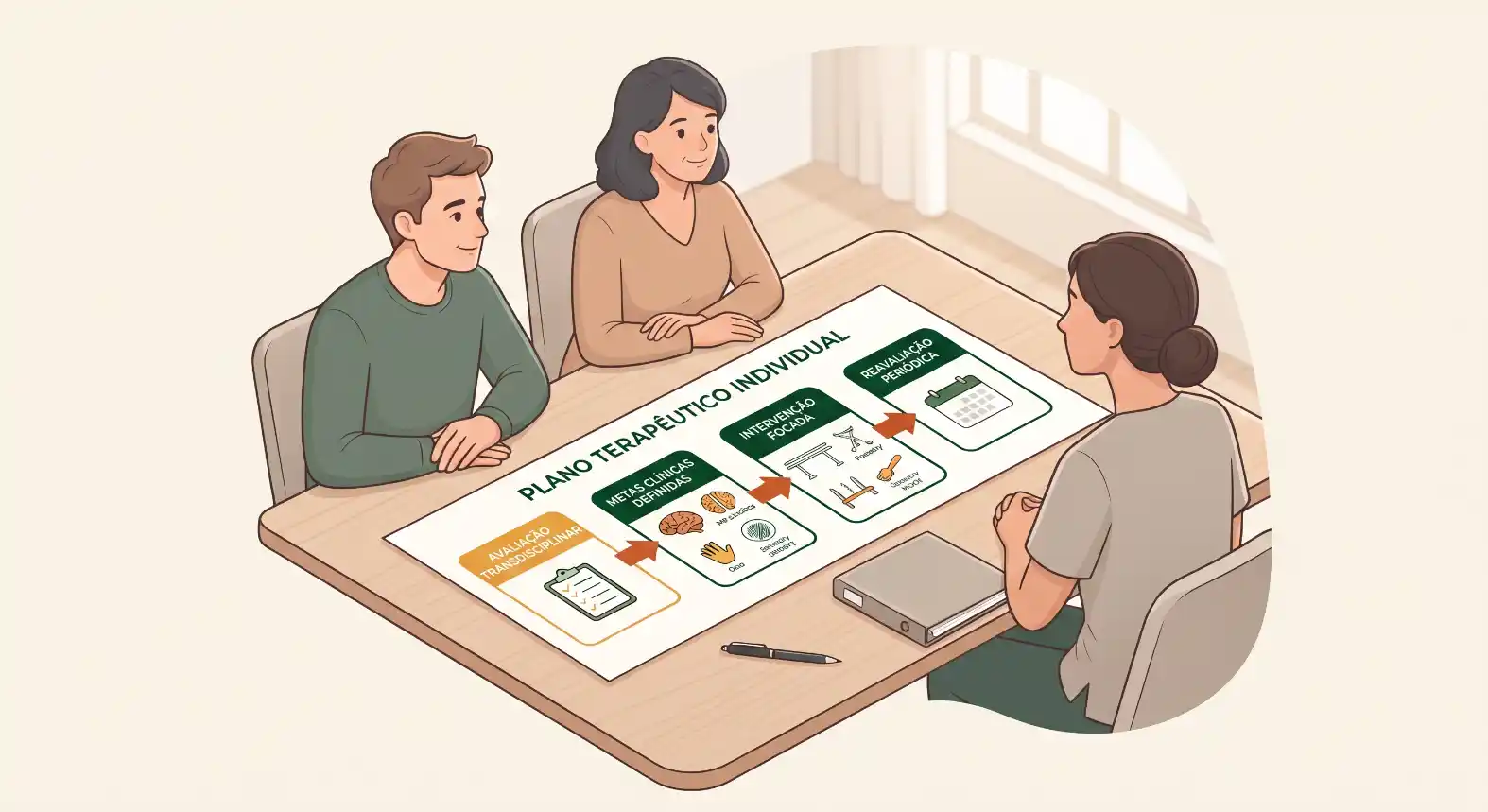 Ilustração de uma reunião terapêutica: um profissional e dois pacientes conversam ao redor de uma mesa, com um quadro ao centro escrito “PLANO TERAPÊUTICO INDIVIDUAL”.