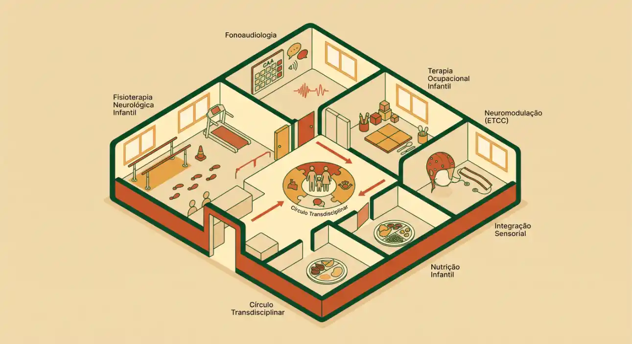 Ilustração em perspectiva de um espaço terapêutico dividido em áreas, com atividades como Fonoaudiologia, Fisioterapia Neurológica e Nutrição Infantil, mostrando um fluxo interdisciplinar