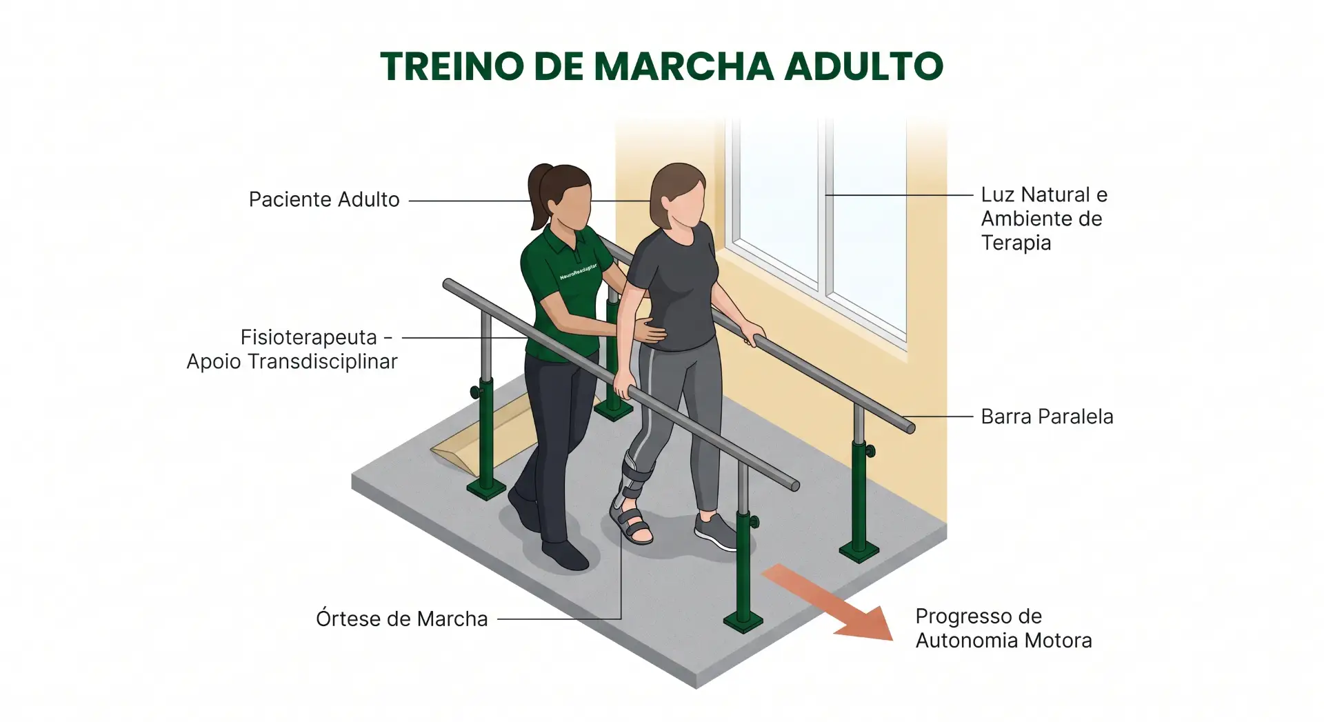 Ilustração educativa de treino de marcha adulto em ambiente de reabilitação, com paciente realizando caminhada em barra paralela, orientado por fisoterapeuta, indicando progresso de autonomia motora e uso de órteses de marcha.