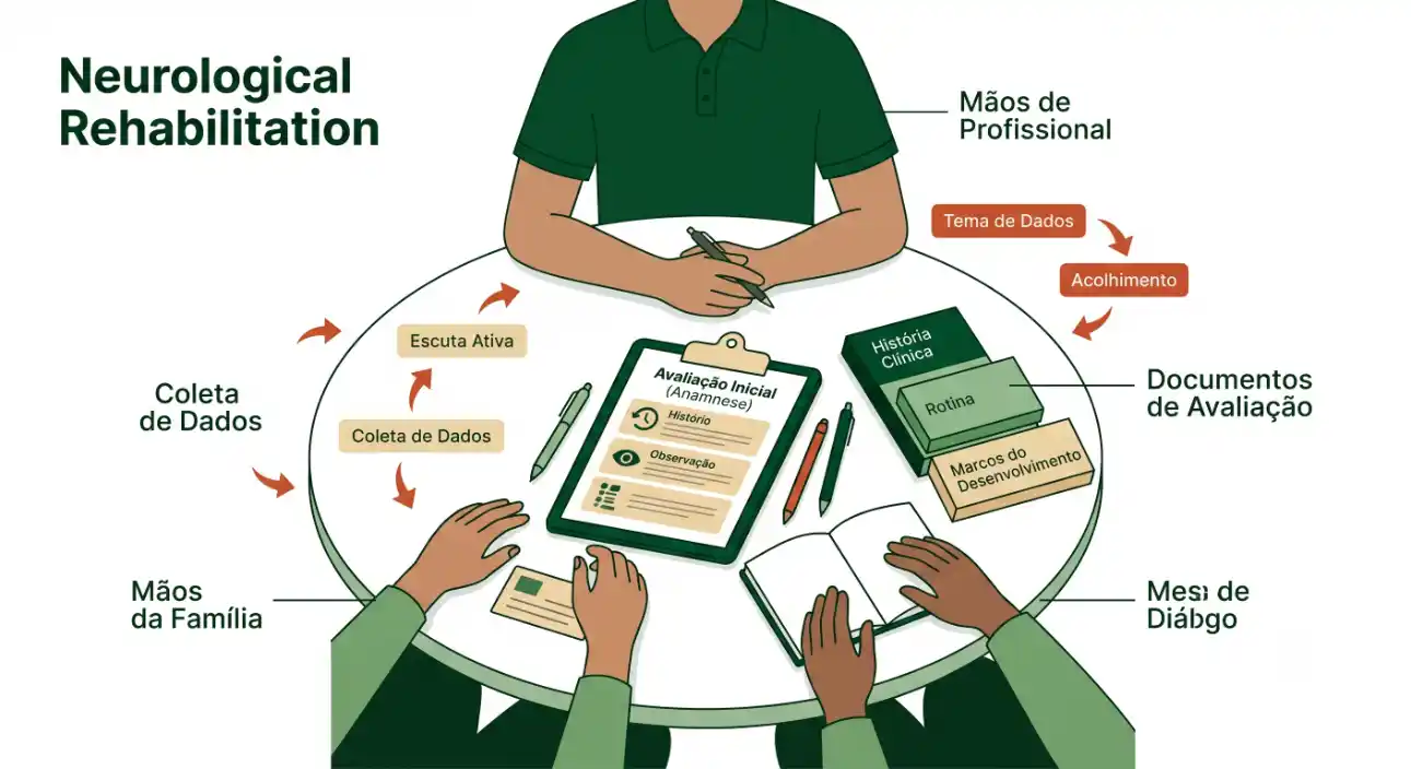 Infográfico sobre Neurological Rehabilitation mostrando avaliação inicial, coleta de dados, histórico clínico e documentos de avaliação, com profissionais e família ao redor de uma prancheta digital.