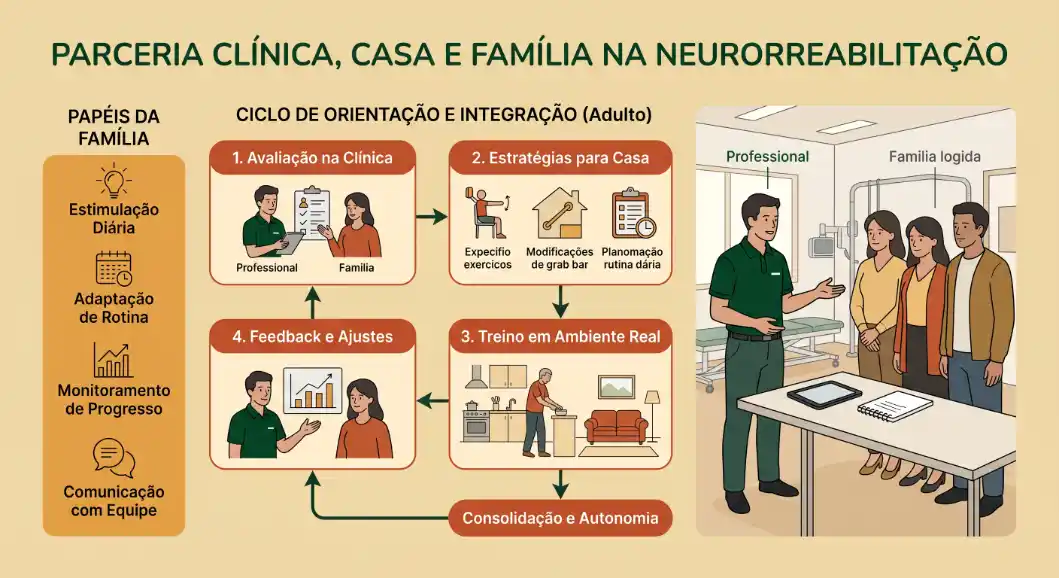 Infográfico em português sobre parceria clínica, casa e família na neurorreabilitação: ciclo de orientação e integração do adulto com etapas de avaliação, estratégias para casa, treino em ambiente real, feedback e ajustes, além de consolidação e autonomia.
