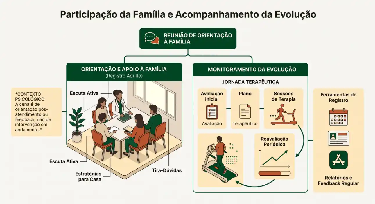 Infográfico sobre participação da família e acompanhamento da evolução, com blocos de orientação e apoio à família, monitoramento da evolução, jornada terapêutica, reavaliação periódica e relatórios de feedback.