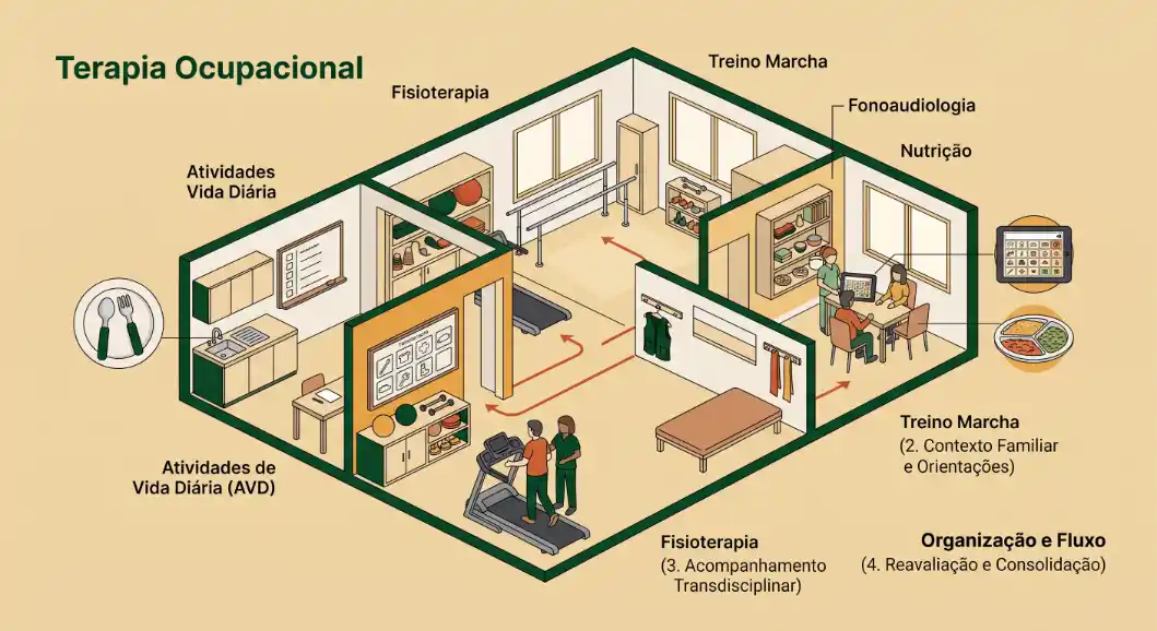 Infográfico em português sobre Terapia Ocupacional mostrando diferentes áreas e atividades em uma clínica: fisioterapia, treino de marcha, fonoaudiologia, nutrição, atividades de vida diária (AVD), atividades (AVD) e organização e fluxo.