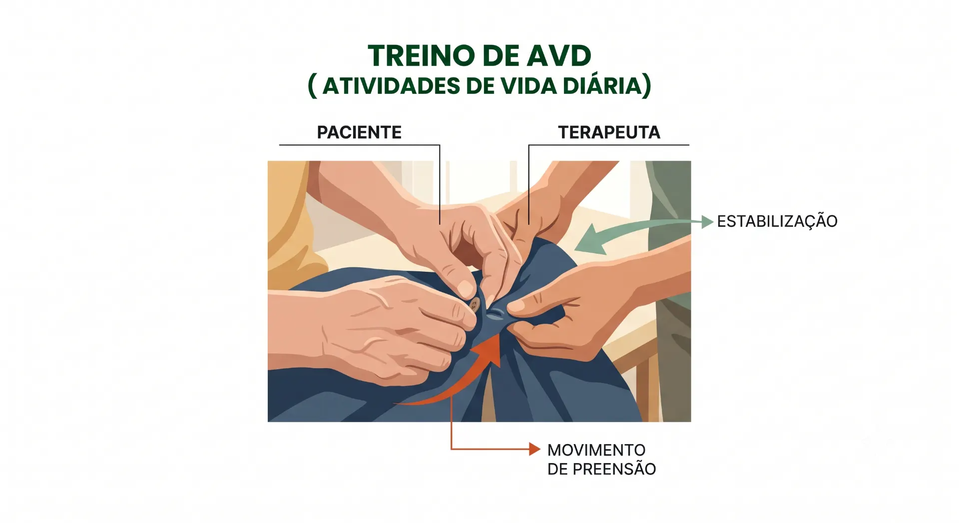 Infográfico com o tema Treino de AVD (Atividades de Vida Diária), mostrando paciente e terapeuta realizando apoio e movimento de prenssão nas mãos para estabilização durante a reabilitação.