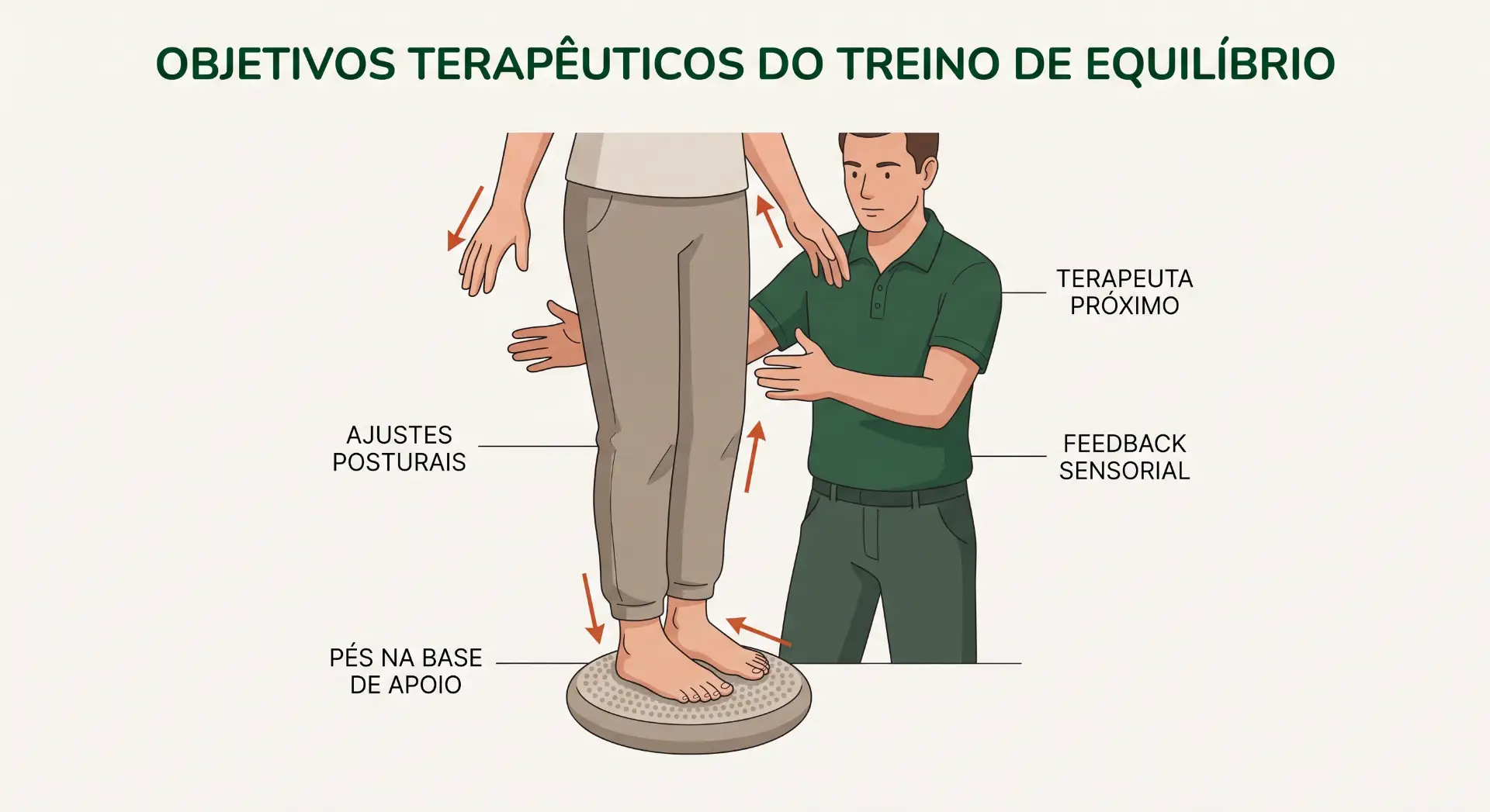 Ilustração educativa sobre objetivos terapêuticos do treino de equilíbrio, com ajustes posturais, terapeuta guiando e feedback sensorial enquanto a pessoa permanece sobre plataforma de apoio.