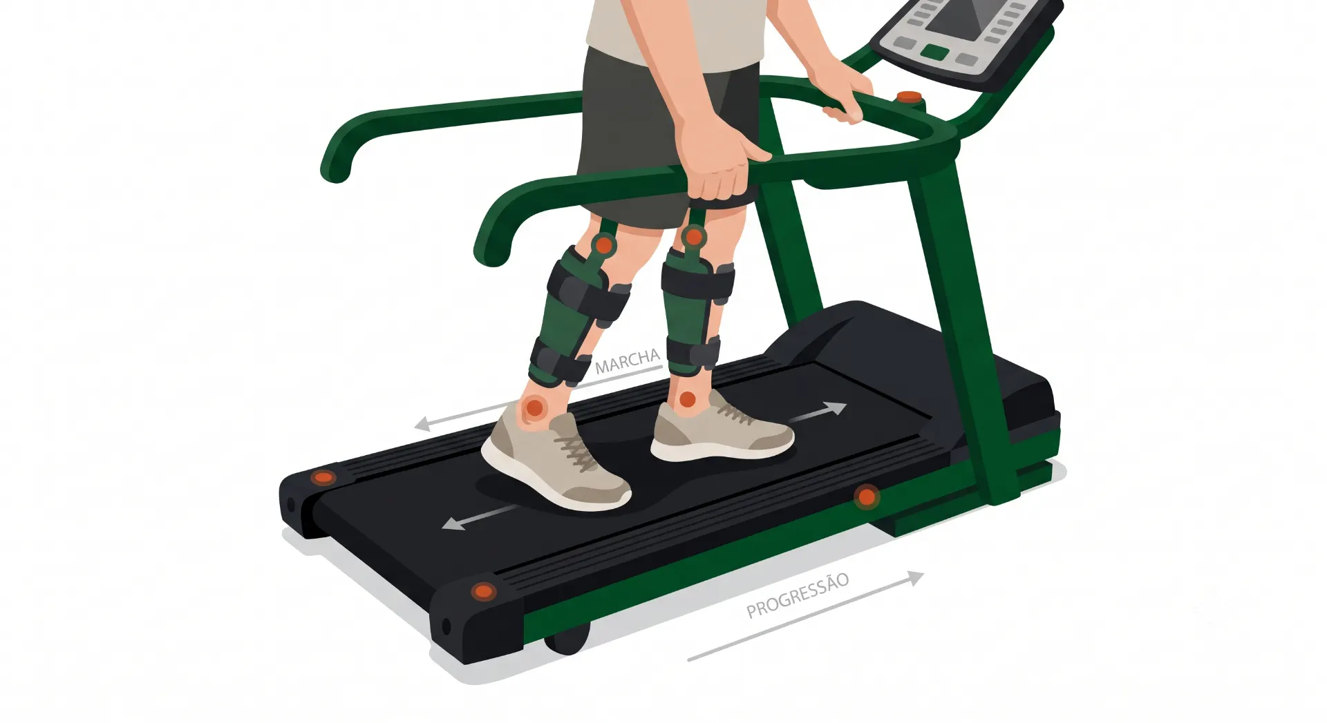 Ilustração de uma pessoa caminhando na esteira ergométrica com marcações de progresso e direção, destacando o movimento para treino físico
