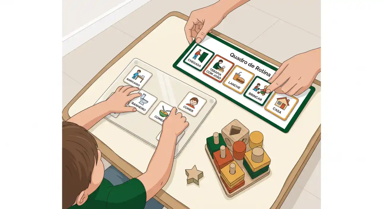 Pessoa usando um tablet para interagir com um jogo educativo em formato de tabuleiro, com caixas e atividades como alimentação, brincar, casa, quarto e outras rotinas.