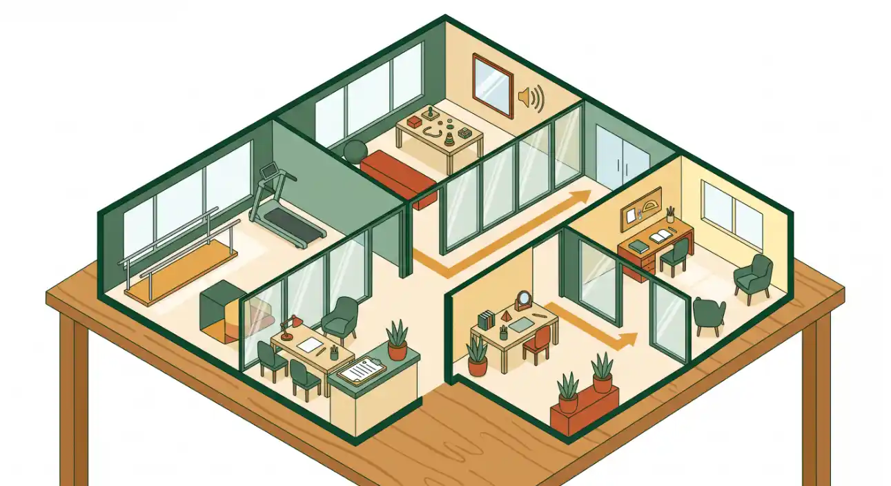 Planta em perspectiva de uma casa com ambientes integrados: sala, cozinha com mesa, quartos e corredor, mostrando móveis e plantas em vasos, estilo isométrico