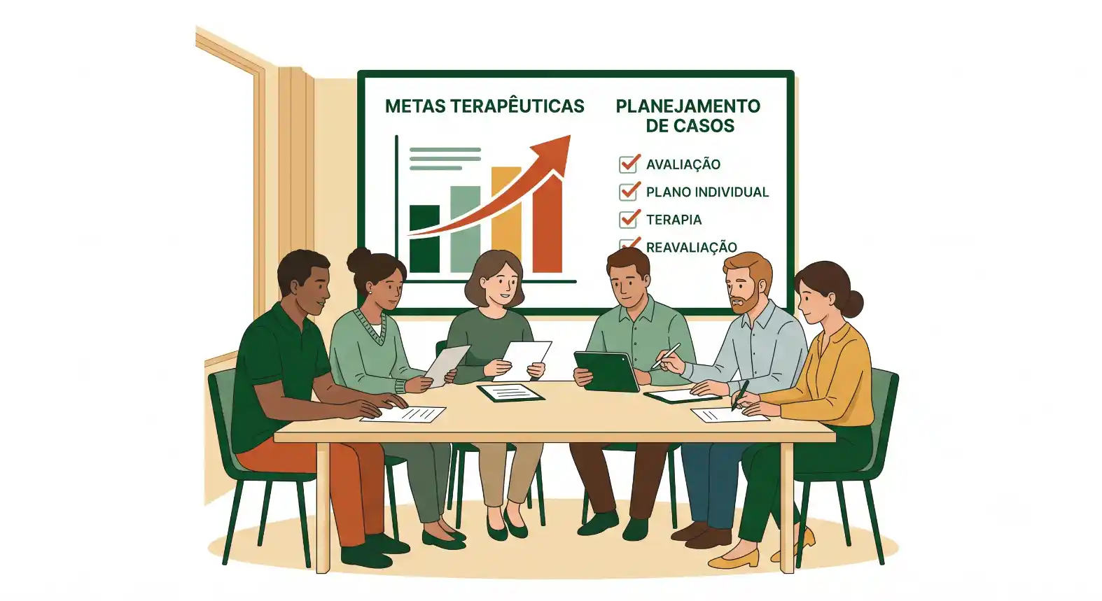 Ilustração de equipe em reunião terapêutica em mesa, discutindo metas terapêuticas e planejamento de casos, com gráfico de crescimento no quadro e itens como avaliação, plano individual e terapia.