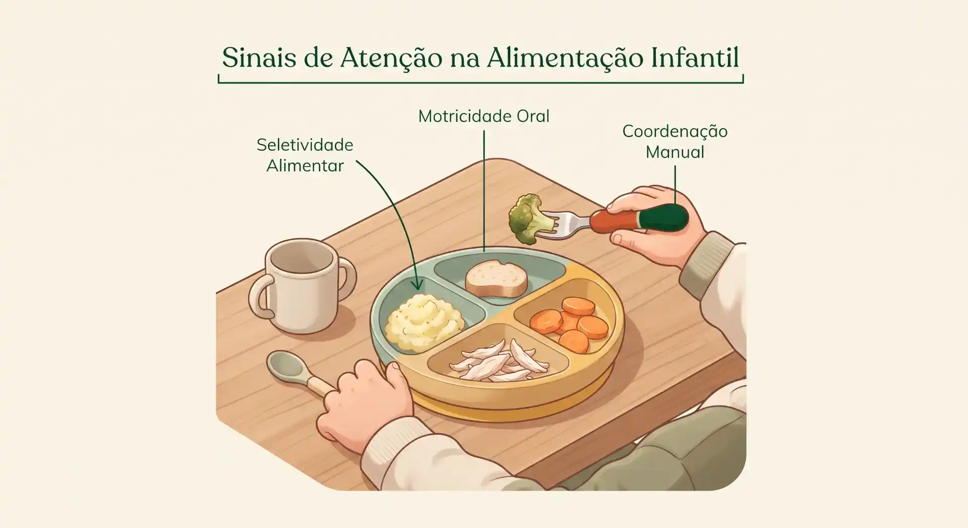 Ilustração educativa “Sinais de Atenção na Alimentação Infantil” mostrando um bebê com mãos alimentando-se e indicadores como seletividade alimentar, motricidade oral e coordenação manual, sobre uma bandeja com comida