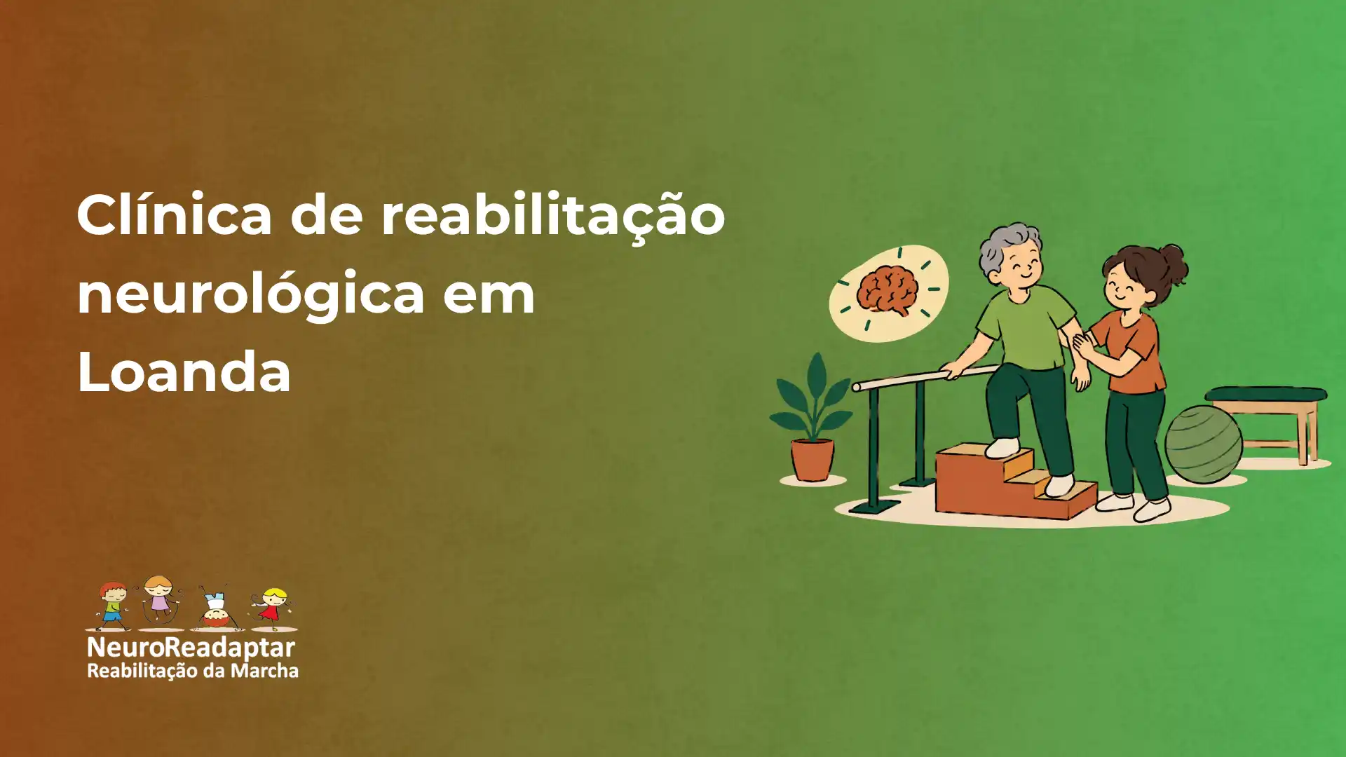 Banner da Clínica de reabilitação neurológica em Loanda com ilustração de duas pessoas em uma sessão de terapia, incluindo um exame do cérebro e elementos de apoio como mesa e planta em vaso.