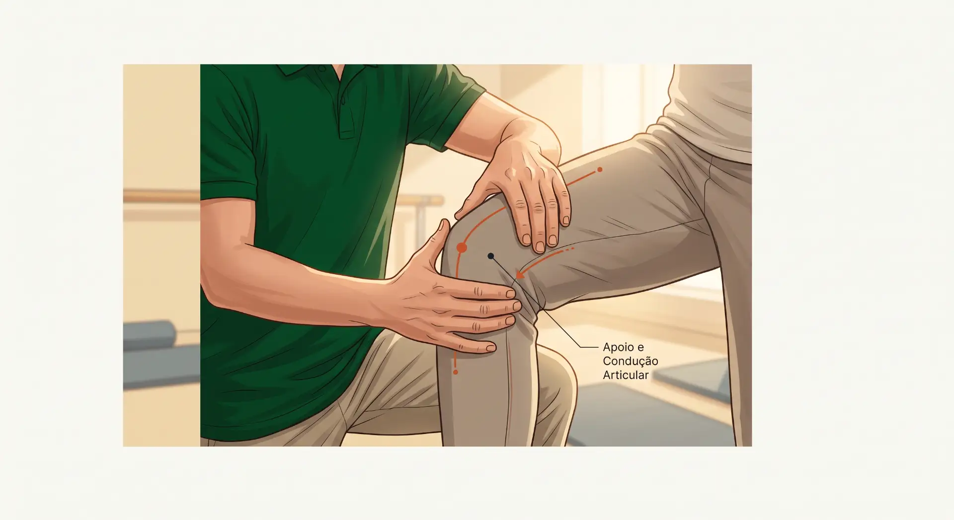 Ilustração de profissional auxiliando uma pessoa a dobrar o joelho, com marcações em vermelho e setas que indicam apoio e condução articular para orientação de movimentação.