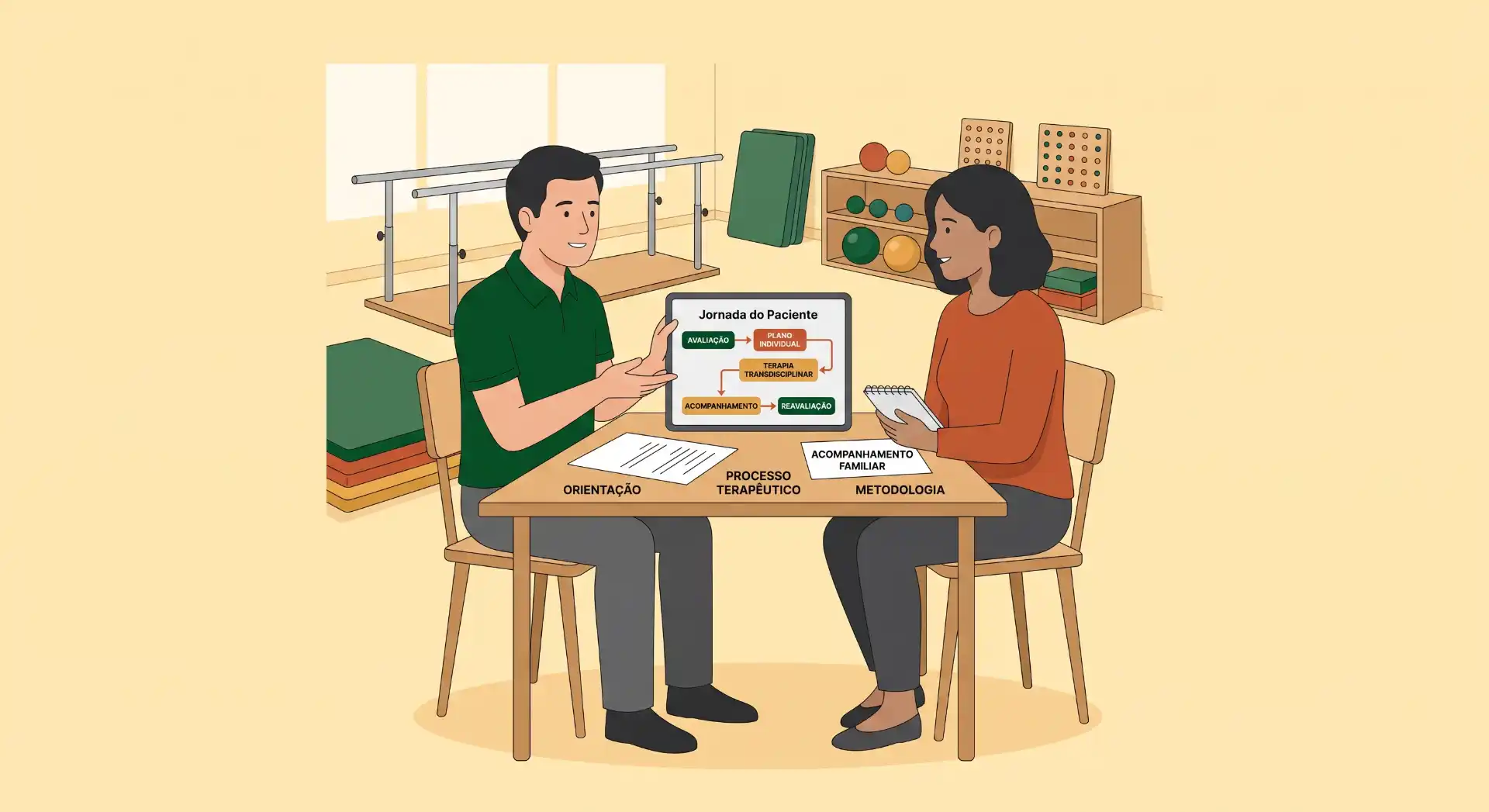 Ilustração de atendimento em saúde: um profissional orienta um paciente e uma acompanhante sentados em uma sala clínica, com um quadro de informações sobre jornada do paciente, etapas e fluxos terapêuticos ao centro da mesa.