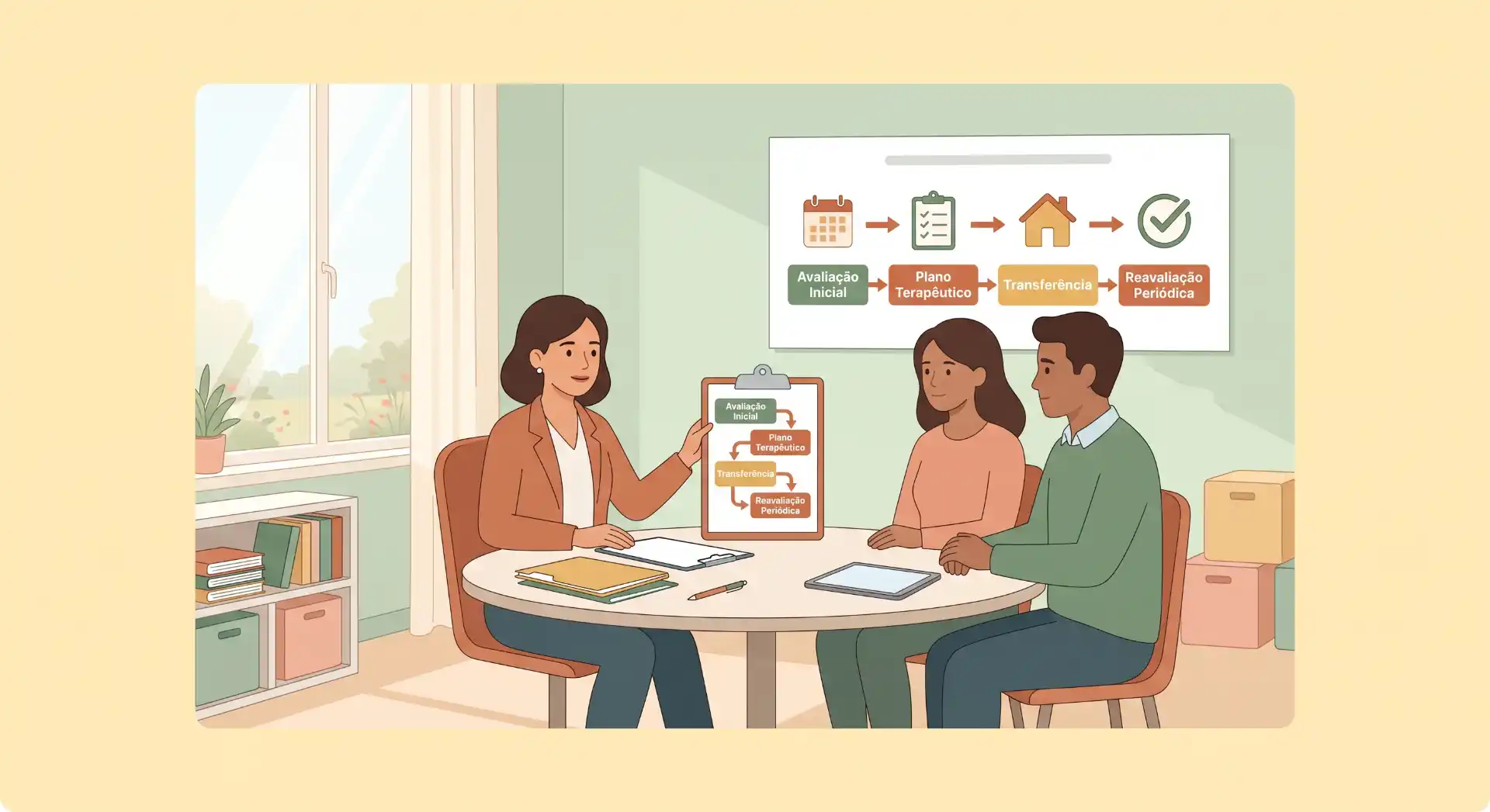 Ilustração em estilo cartoon de uma consultora em escritório apresentando um painel com etapas de avaliação, plano terapêutico e transferência para acompanhamento, enquanto um casal discute em uma mesa.