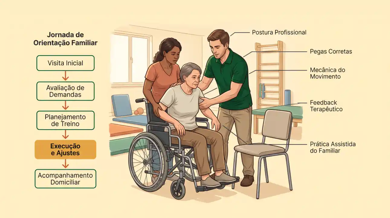 Ilustração mostra cuidador auxiliando uma pessoa em cadeira de rodas, com outra pessoa ao lado, em uma sala, destacando etapas como orientação familiar, avaliação e prática assistida.