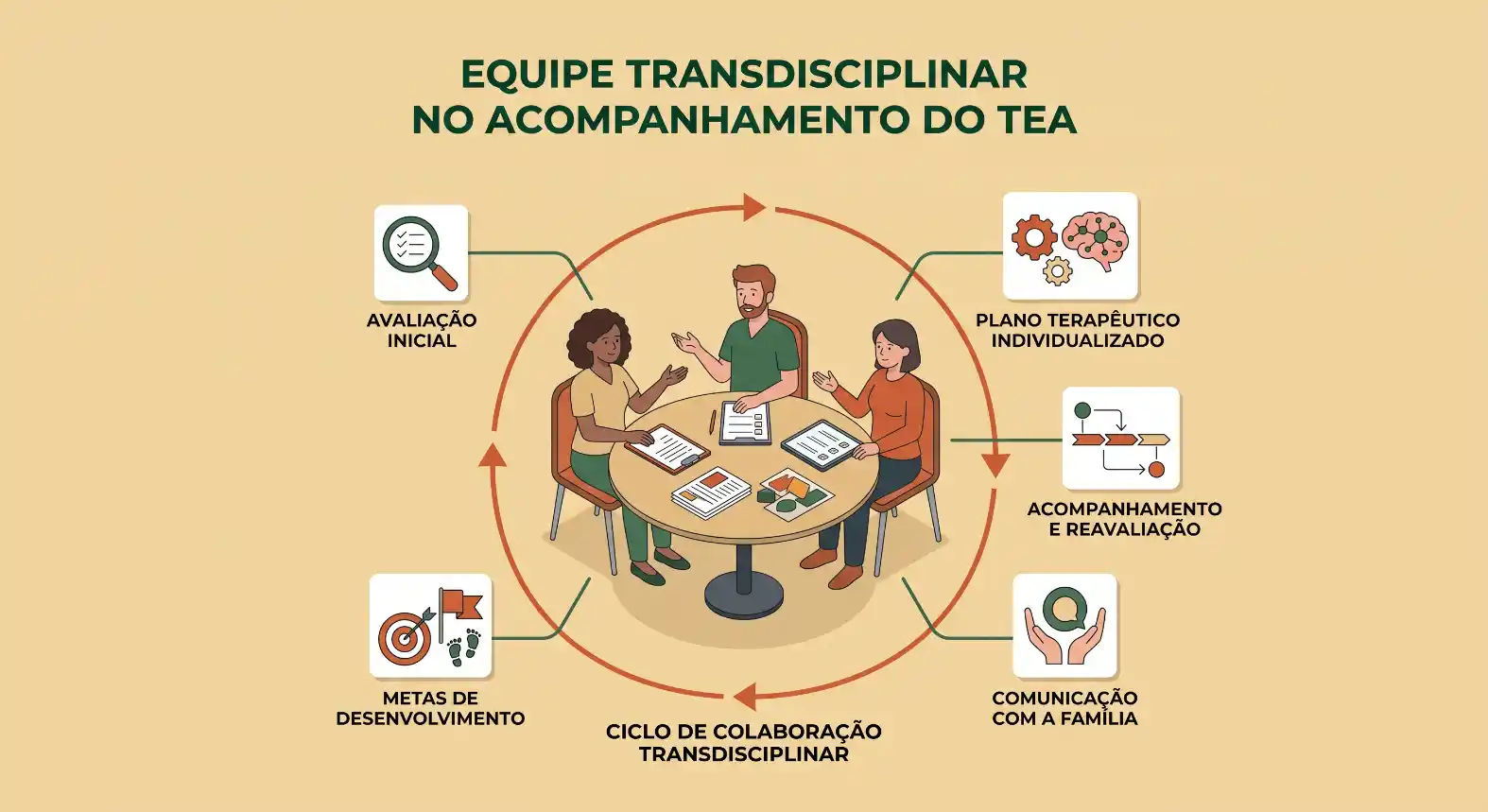 Ilustração informativa sobre equipe transdisciplinar no acompanhamento do TEA, com profissionais reunidos em uma mesa para avaliação, plano terapêutico individualizado, comunicação com a família e ciclo de colaboração transdisciplinar.