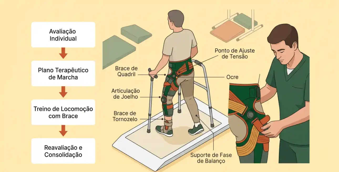 Ilustração de fisioterapia e reabilitação com paciente usando suportes ortopédicos e apoio de equilíbrio, com pontos anatômicos e circuito de tratamento ao lado. Texto “NeuroReadaptar”.