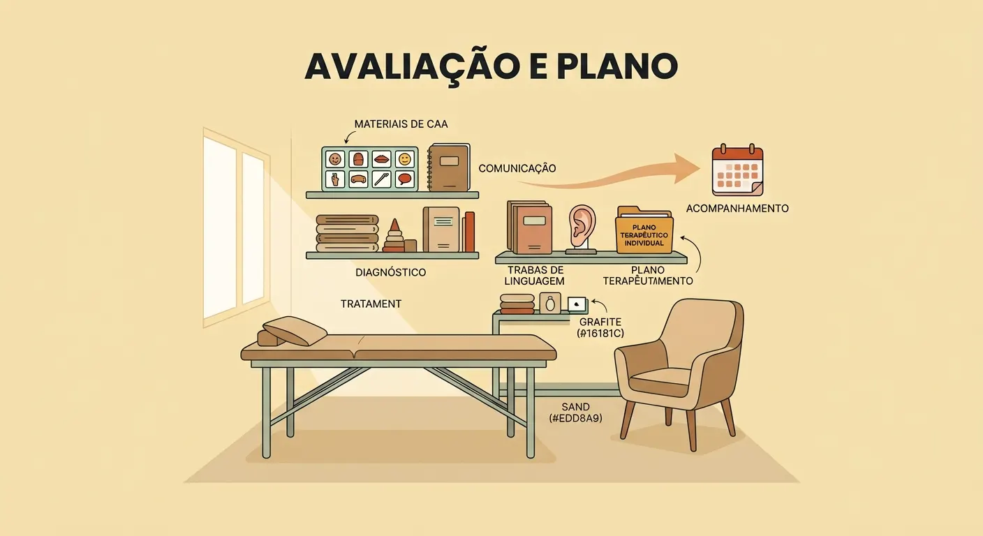 Ilustração em estilo infographic com uma mesa de consultório e diferentes etapas do processo de planejamento, incluindo diagnóstico, tratamento, comunicação e acompanhamento, com textos em português.